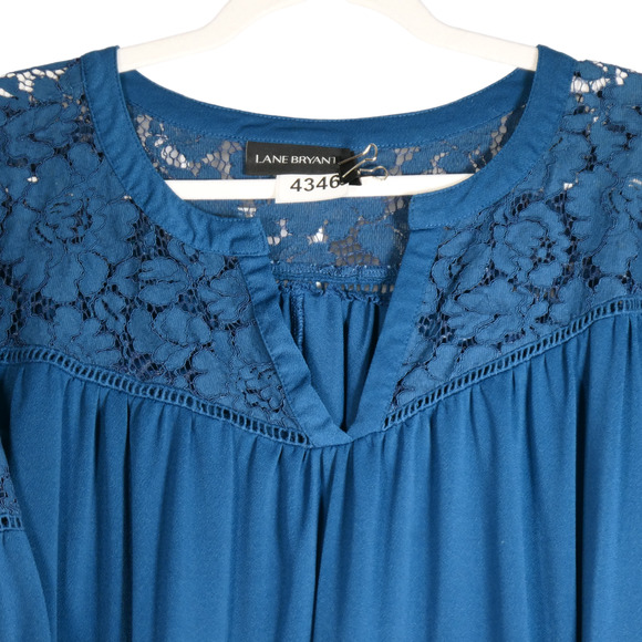 Lane Bryant Blue Knit Tunic Top Women 3X Stretch Crochet Boho Bell Sleeve V Neck - Picture 3 of 9